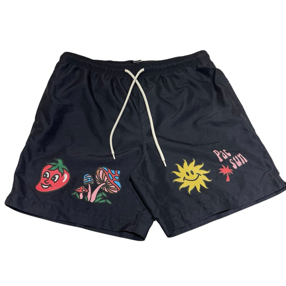 PacSun Boys Recycled Good Luck Swim Trunks Mushrooms, Pepper, Sunburst Sz M EUC